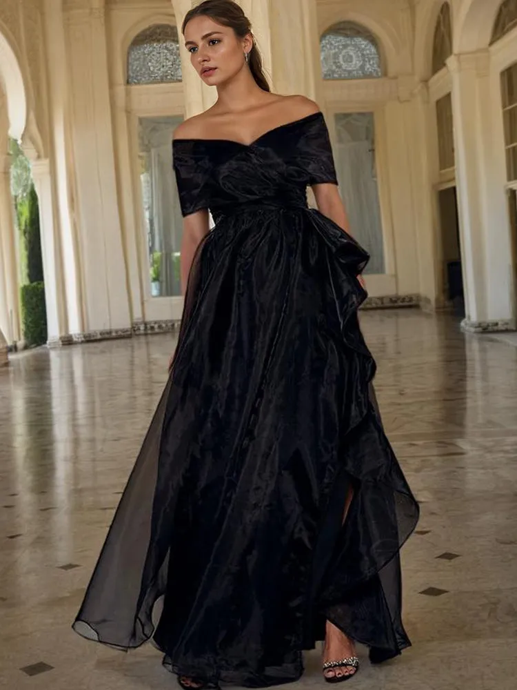 A Line Black Organza Off The Shoulder Long Party Dress