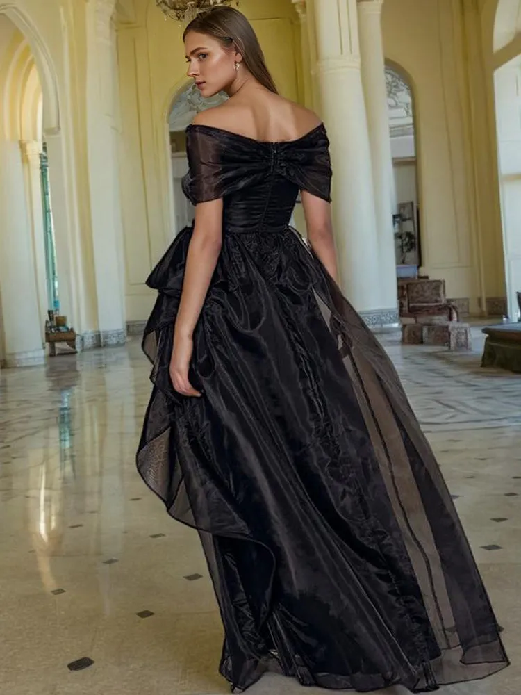 A Line Black Organza Off The Shoulder Long Party Dress