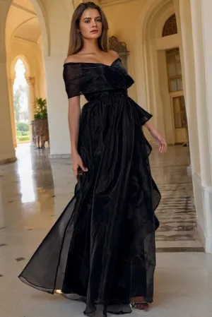 A Line Black Organza Off The Shoulder Long Party Dress