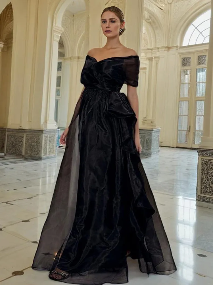 A Line Black Organza Off The Shoulder Long Party Dress