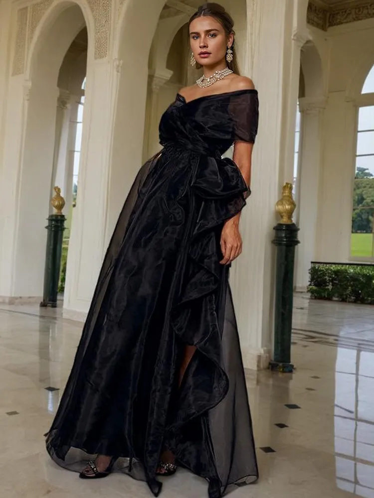 A Line Black Organza Off The Shoulder Long Party Dress