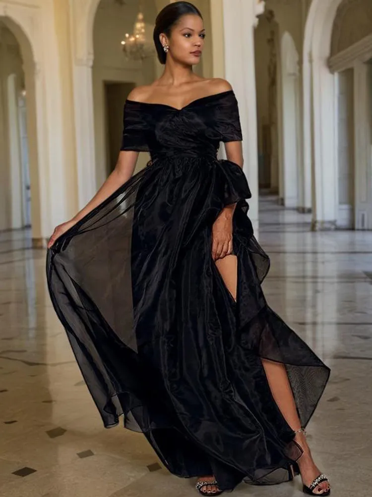 A Line Black Organza Off The Shoulder Long Party Dress