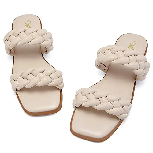 Athlefit Women's Braided Flat Sandals Square Open Toe Slip On Slides Woven Nude Sandals Size 11