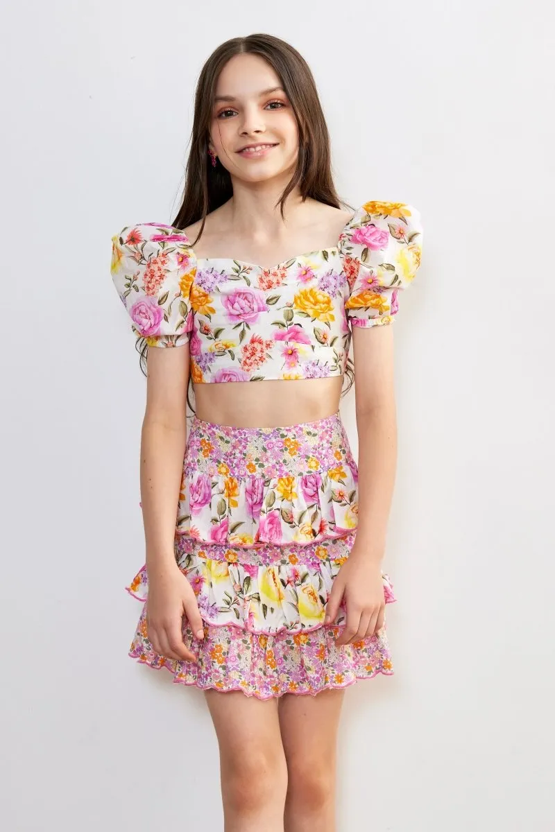 BLAIRE FLORAL PUFF SLEEVE CROP TOP AND SKIRT SET