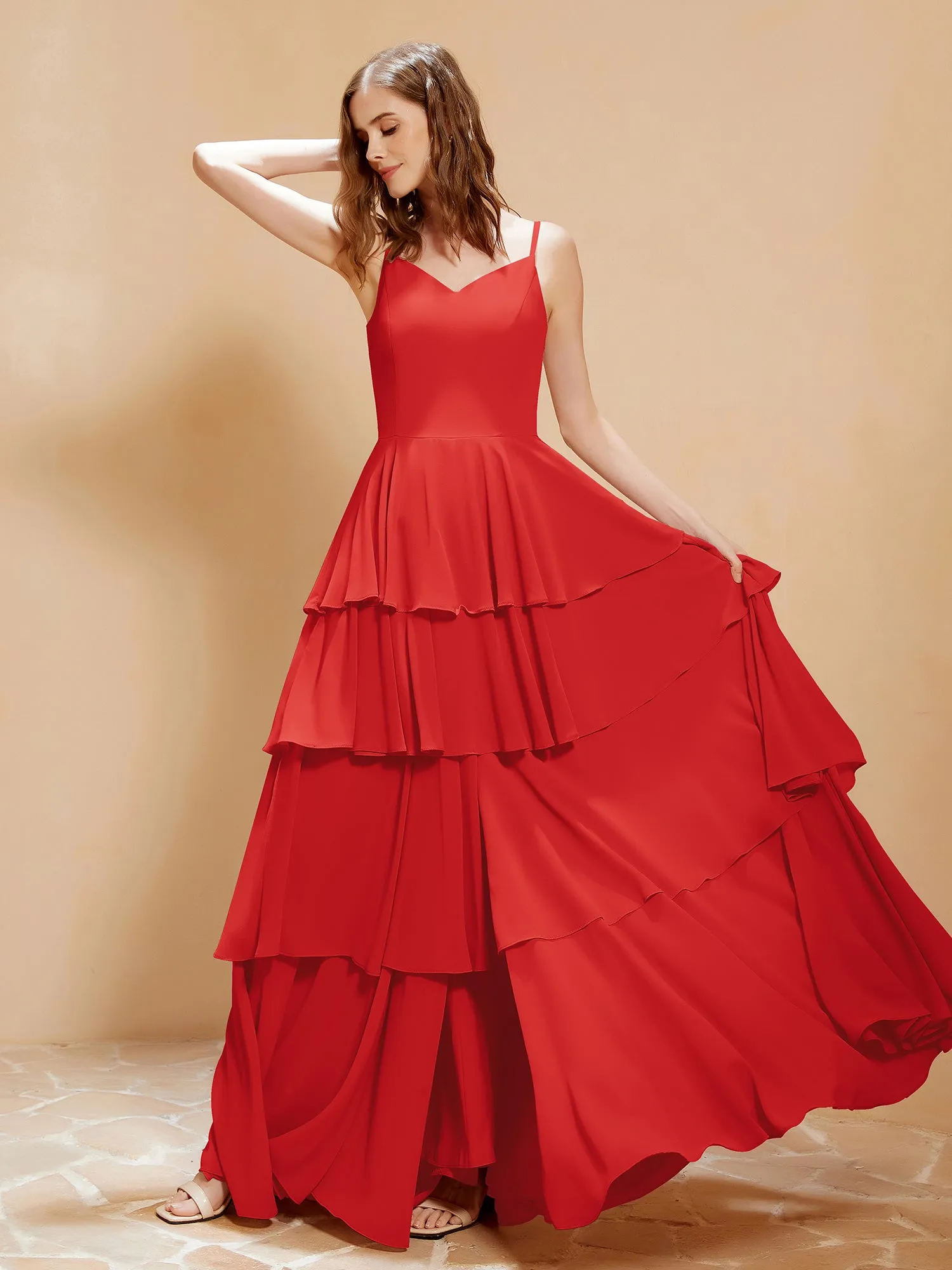 Boho V-neck Floor-length Dress Flowy Ruffles Red Plus Size