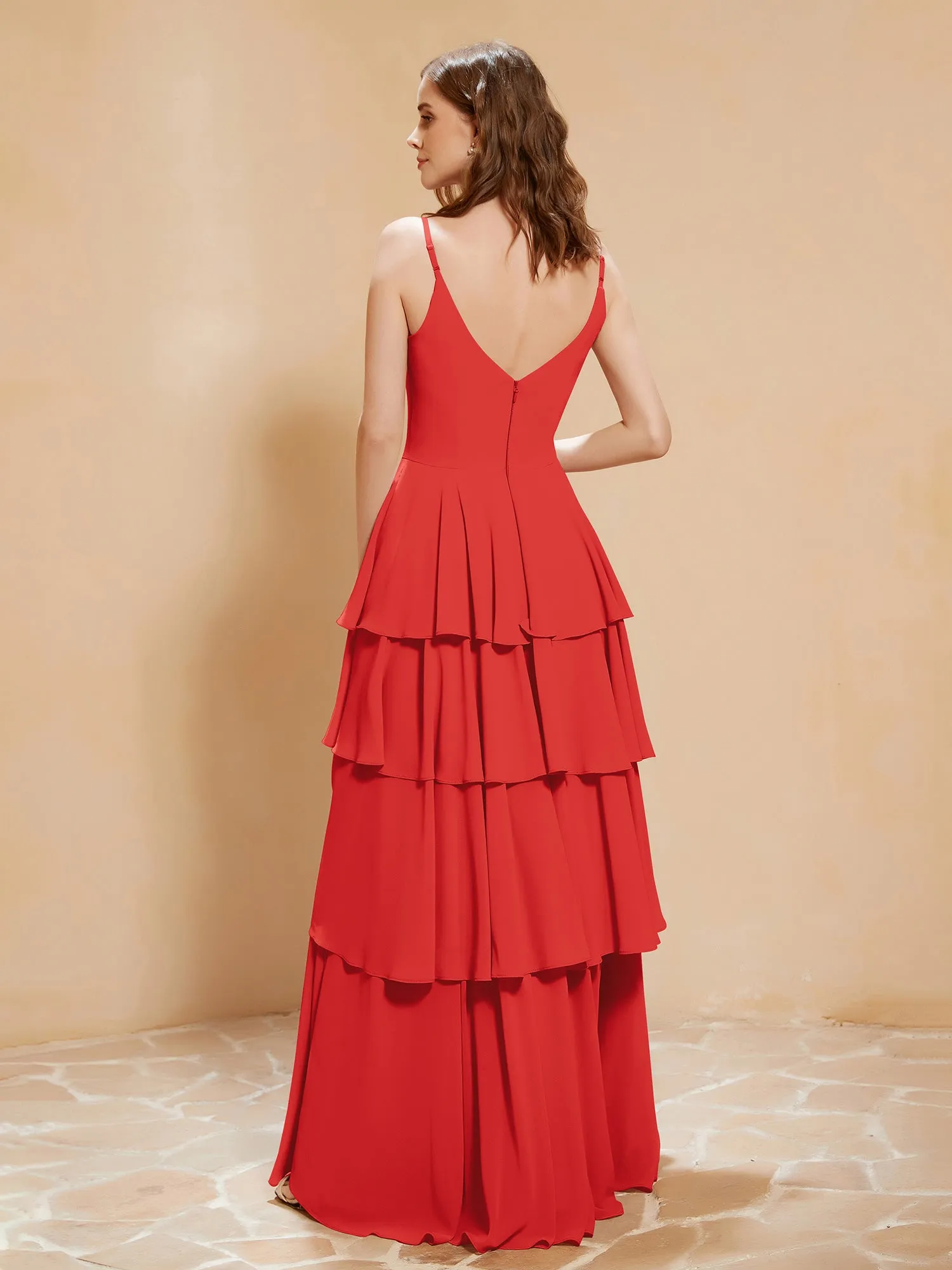 Boho V-neck Floor-length Dress Flowy Ruffles Red Plus Size