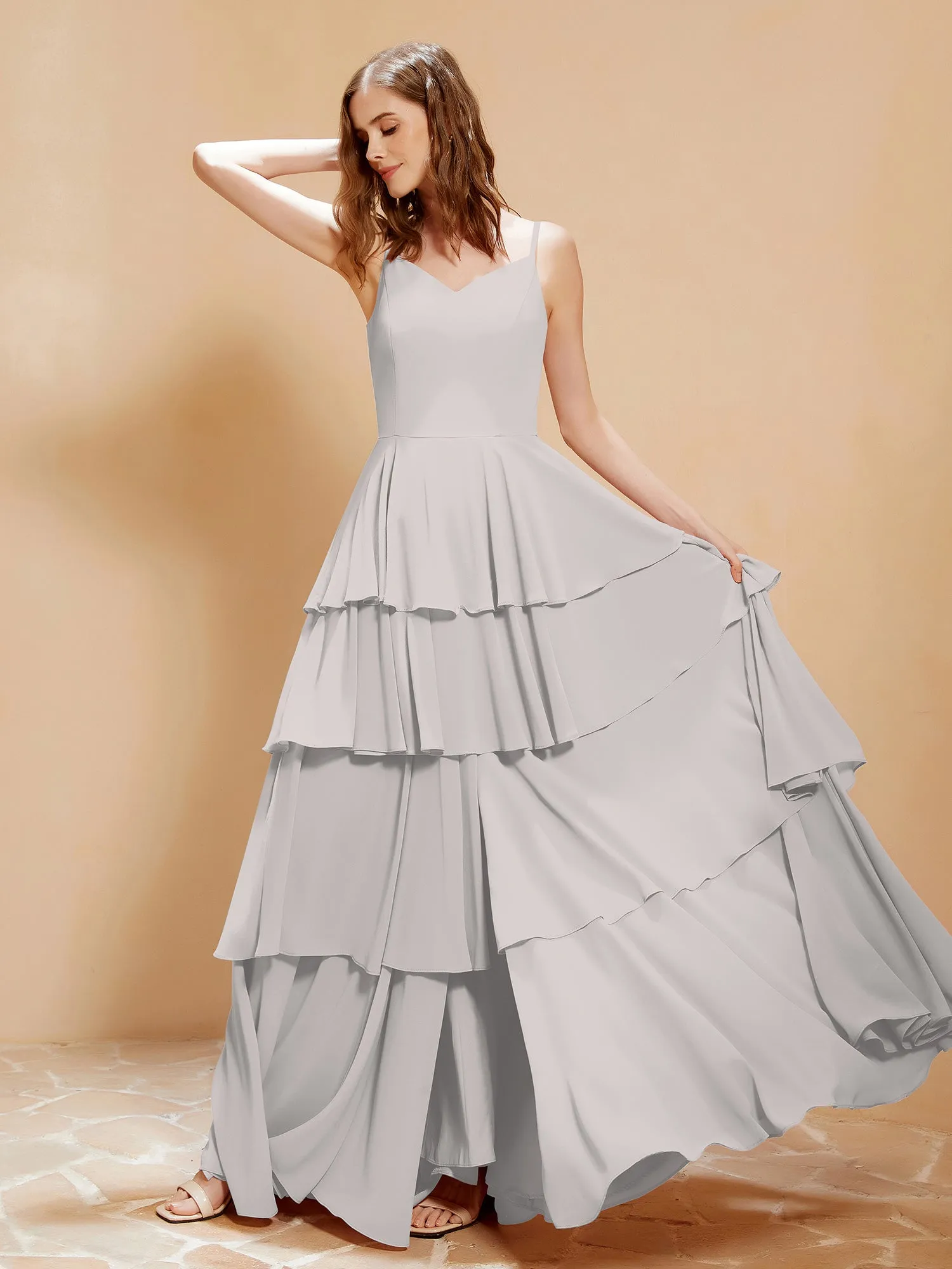 Boho V-neck Floor-length Dress Flowy Ruffles Silver Plus Size