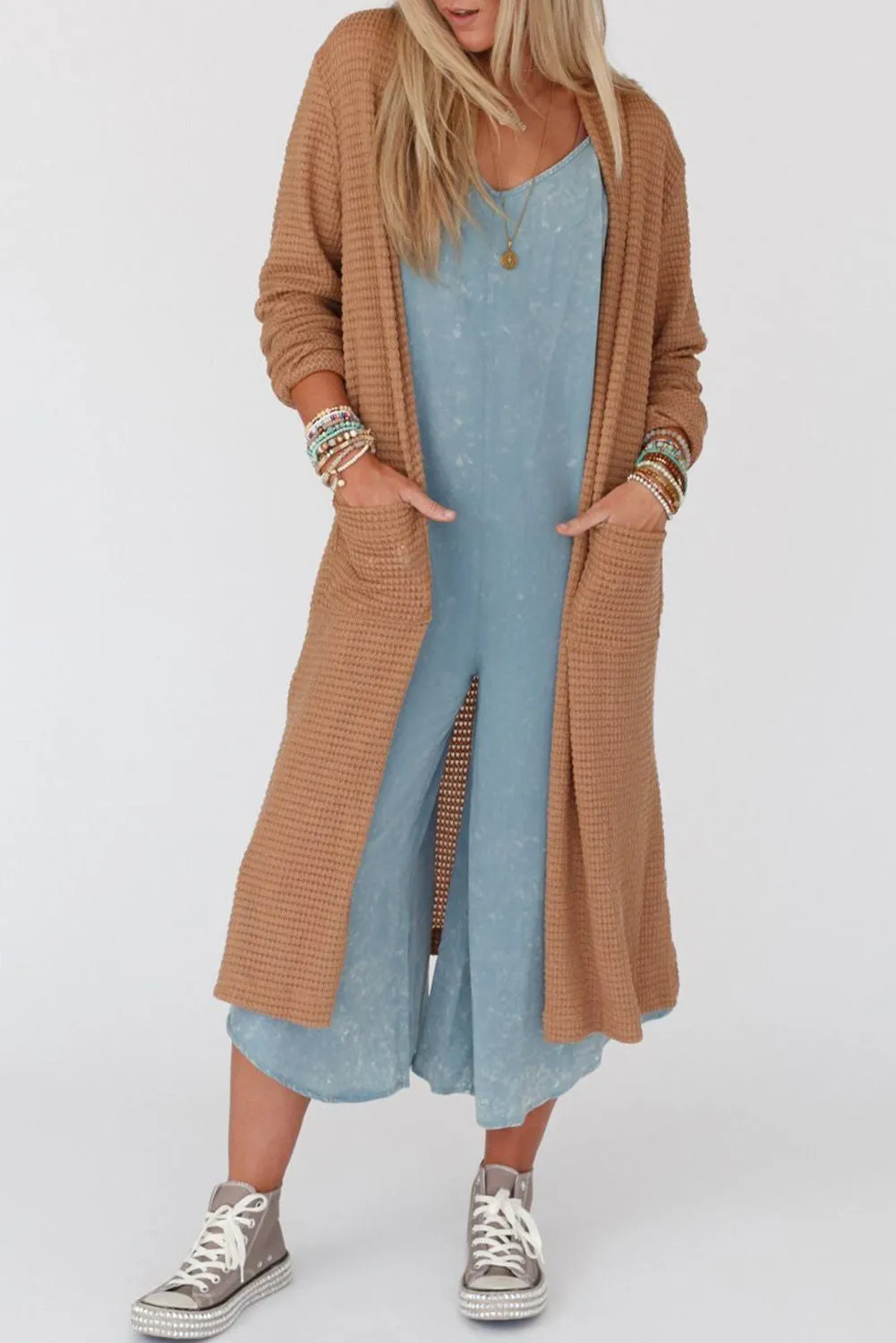 Chestnut Long Waffle Knit Cardigan with Pockets