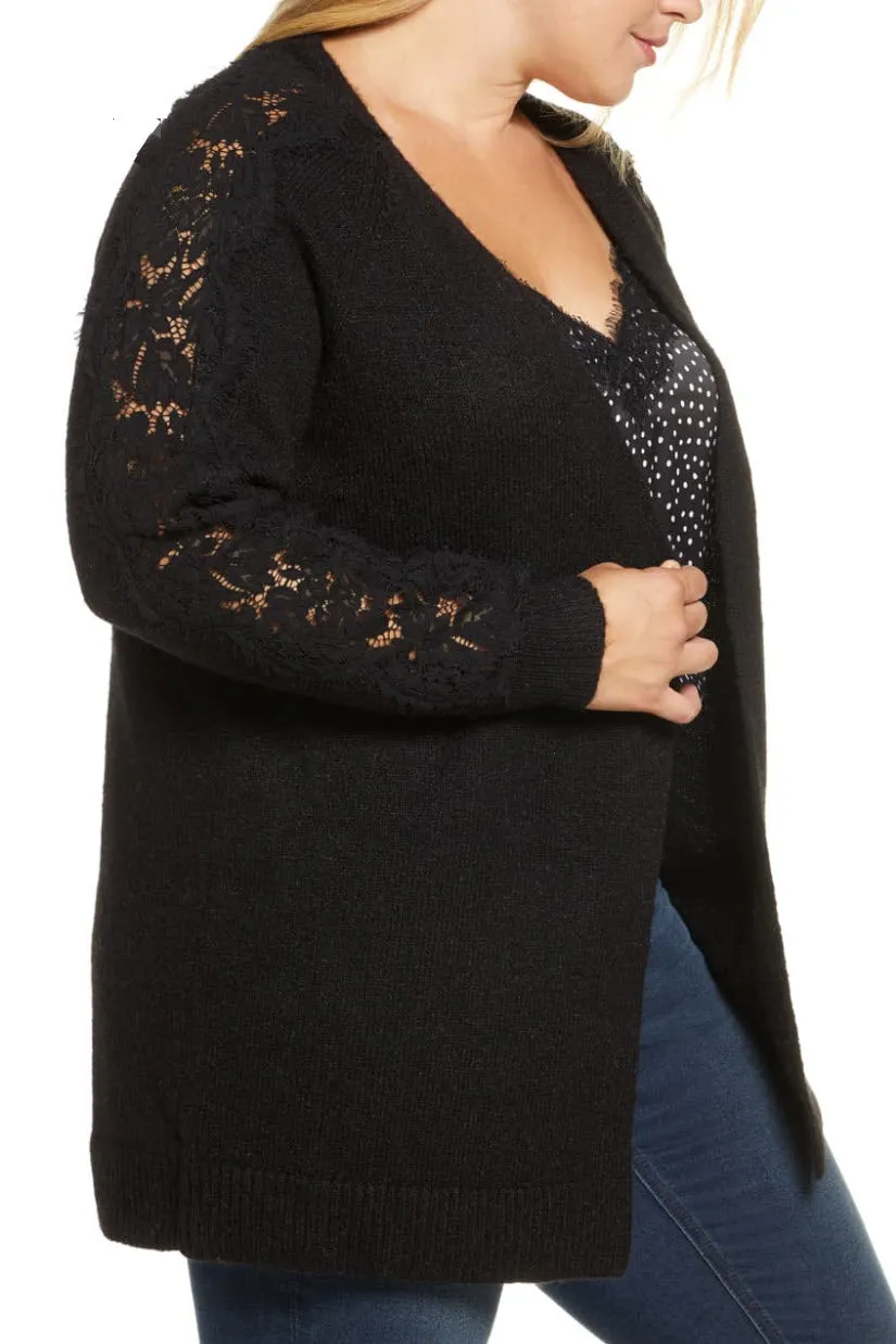 CURVE PLUS LACE SLEEVE LONG SLEEVE CARDIGAN BLACK