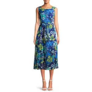 Evan Picone Ruched Belted Floral Chiffon Overlay Fit & Flare Midi Dress