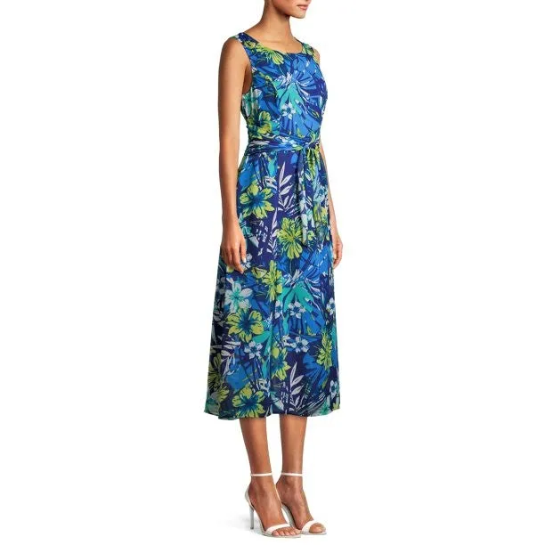 Evan Picone Ruched Belted Floral Chiffon Overlay Fit & Flare Midi Dress