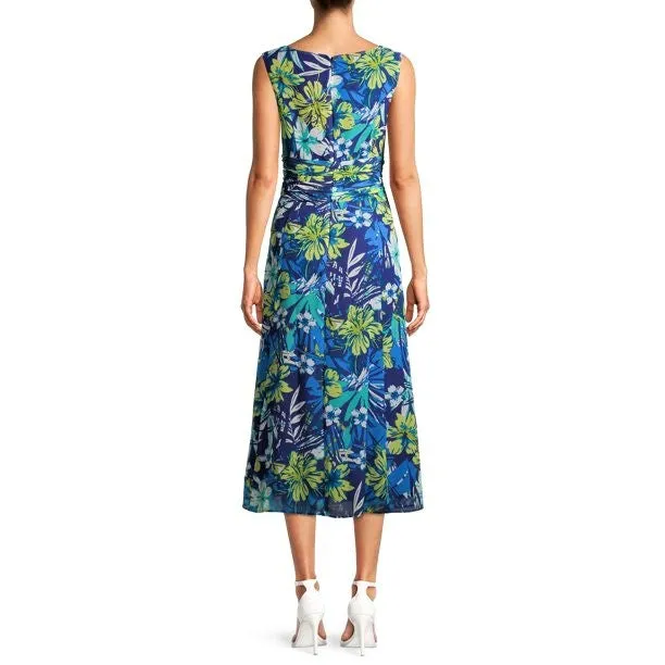 Evan Picone Ruched Belted Floral Chiffon Overlay Fit & Flare Midi Dress