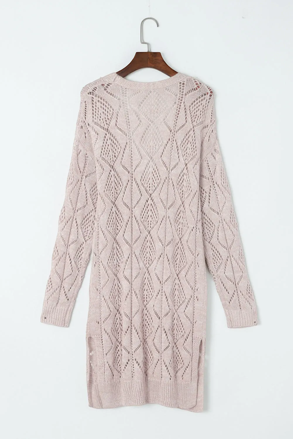 FASHION HOUSE- Khaki Hollow-out Openwork Knit Cardigan