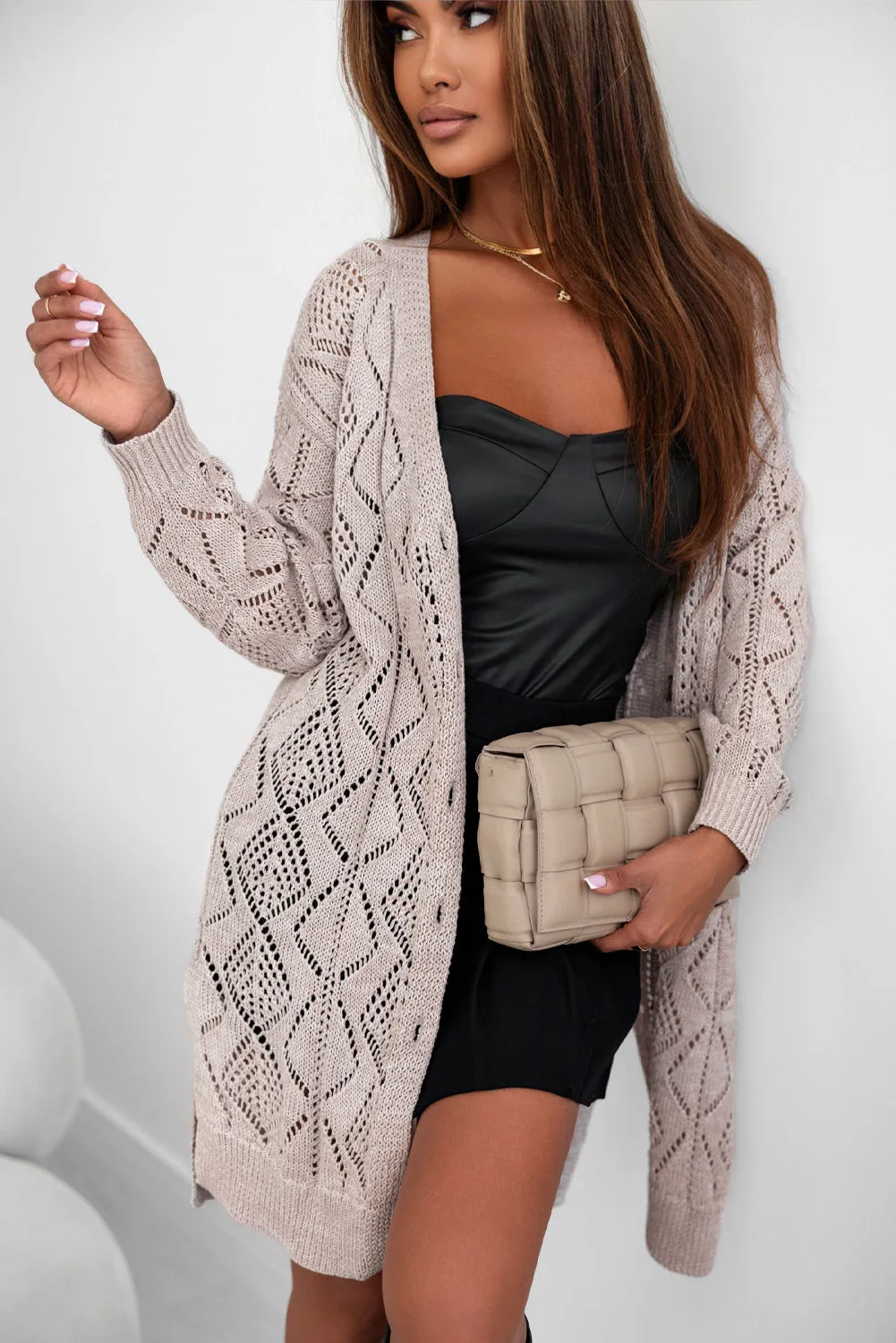 FASHION HOUSE- Khaki Hollow-out Openwork Knit Cardigan