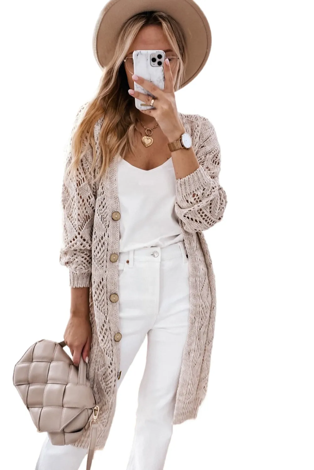 FASHION HOUSE- Khaki Hollow-out Openwork Knit Cardigan