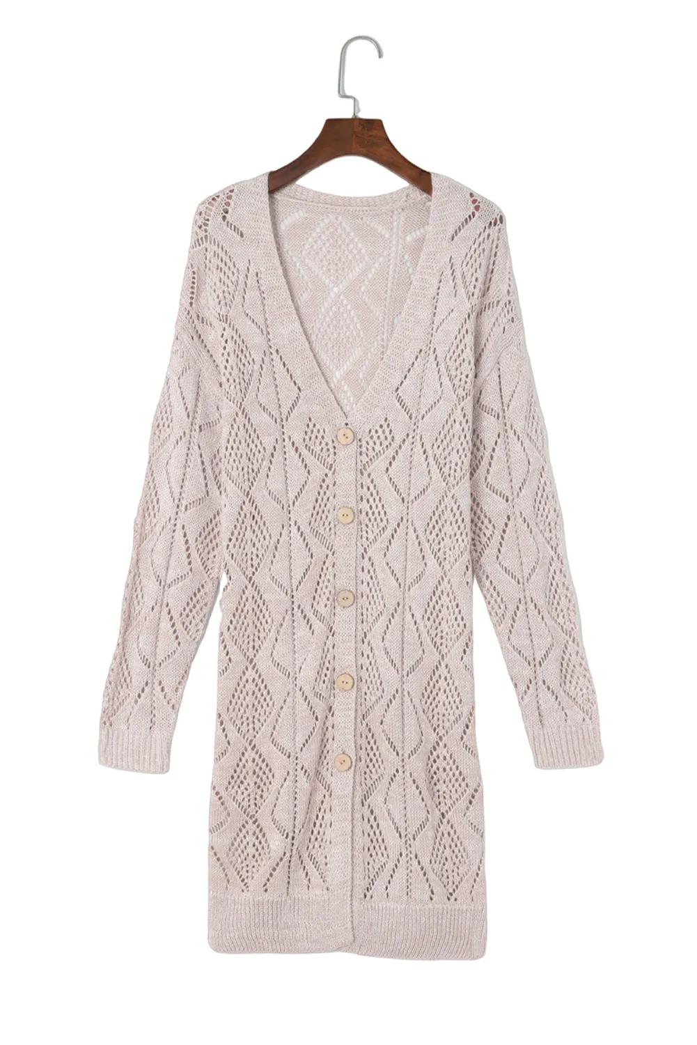 FASHION HOUSE- Khaki Hollow-out Openwork Knit Cardigan