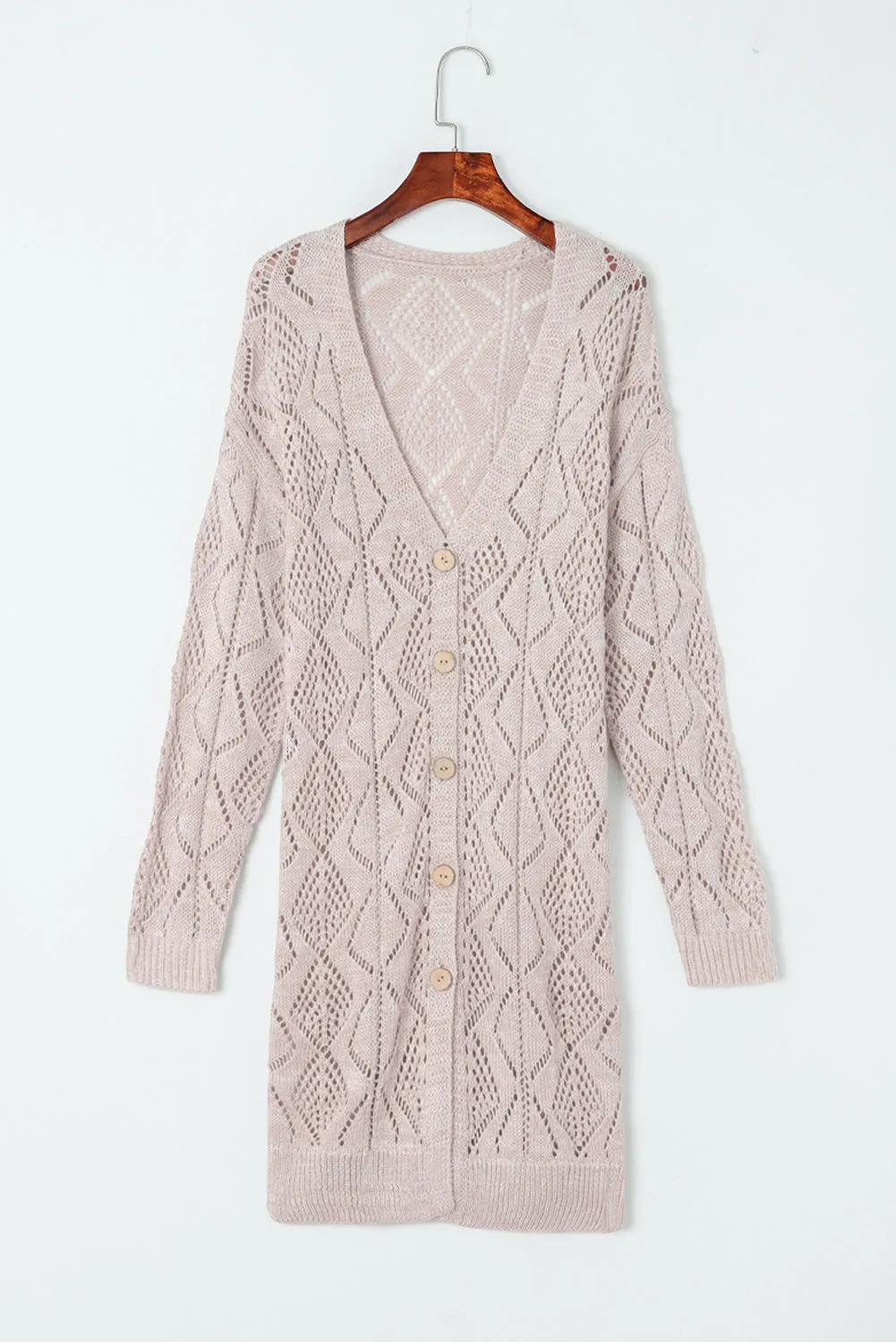 FASHION HOUSE- Khaki Hollow-out Openwork Knit Cardigan