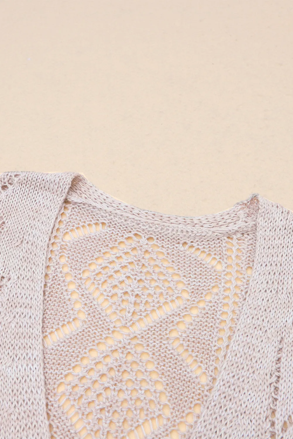 FASHION HOUSE- Khaki Hollow-out Openwork Knit Cardigan