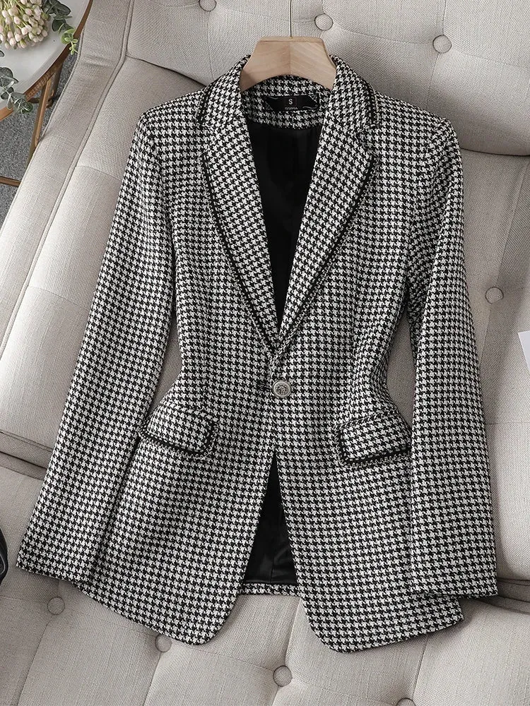 Formal  Plaid Single Button Business Blazer Coat with Long Sleeve