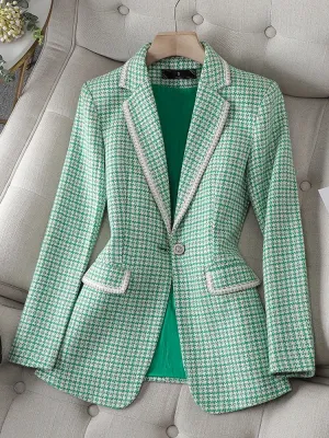 Formal  Plaid Single Button Business Blazer Coat with Long Sleeve