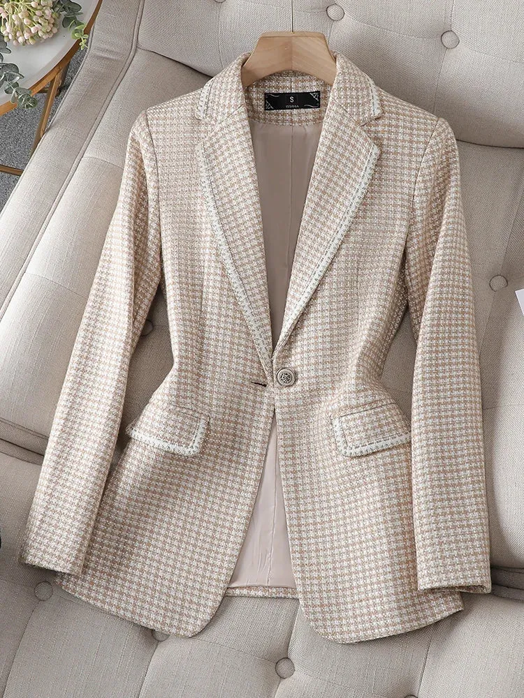 Formal  Plaid Single Button Business Blazer Coat with Long Sleeve