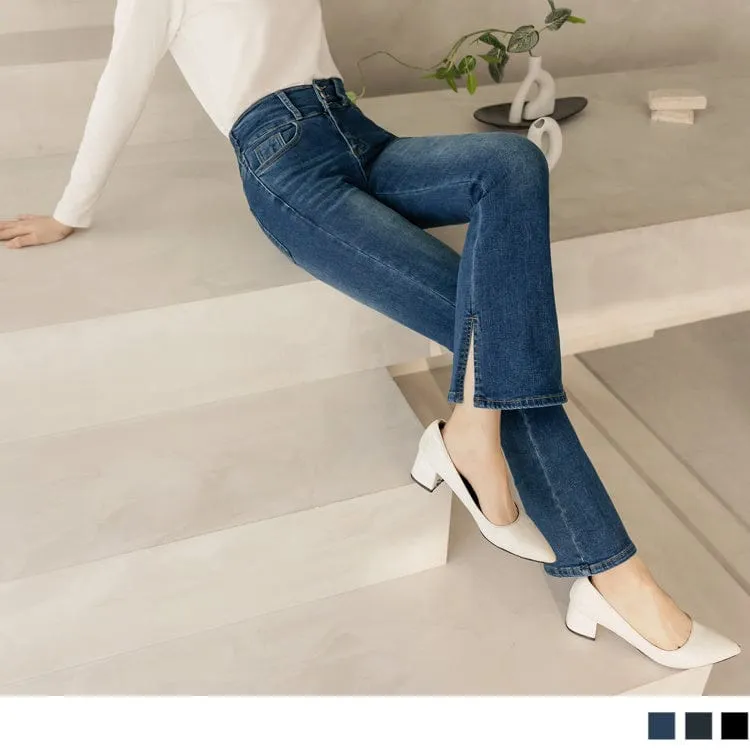 HIGH ELASTIC TUNIC STRAIGHT DENIM LONG PANTS