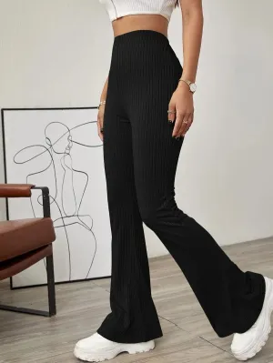 High Flare Black Ribbed Trouser