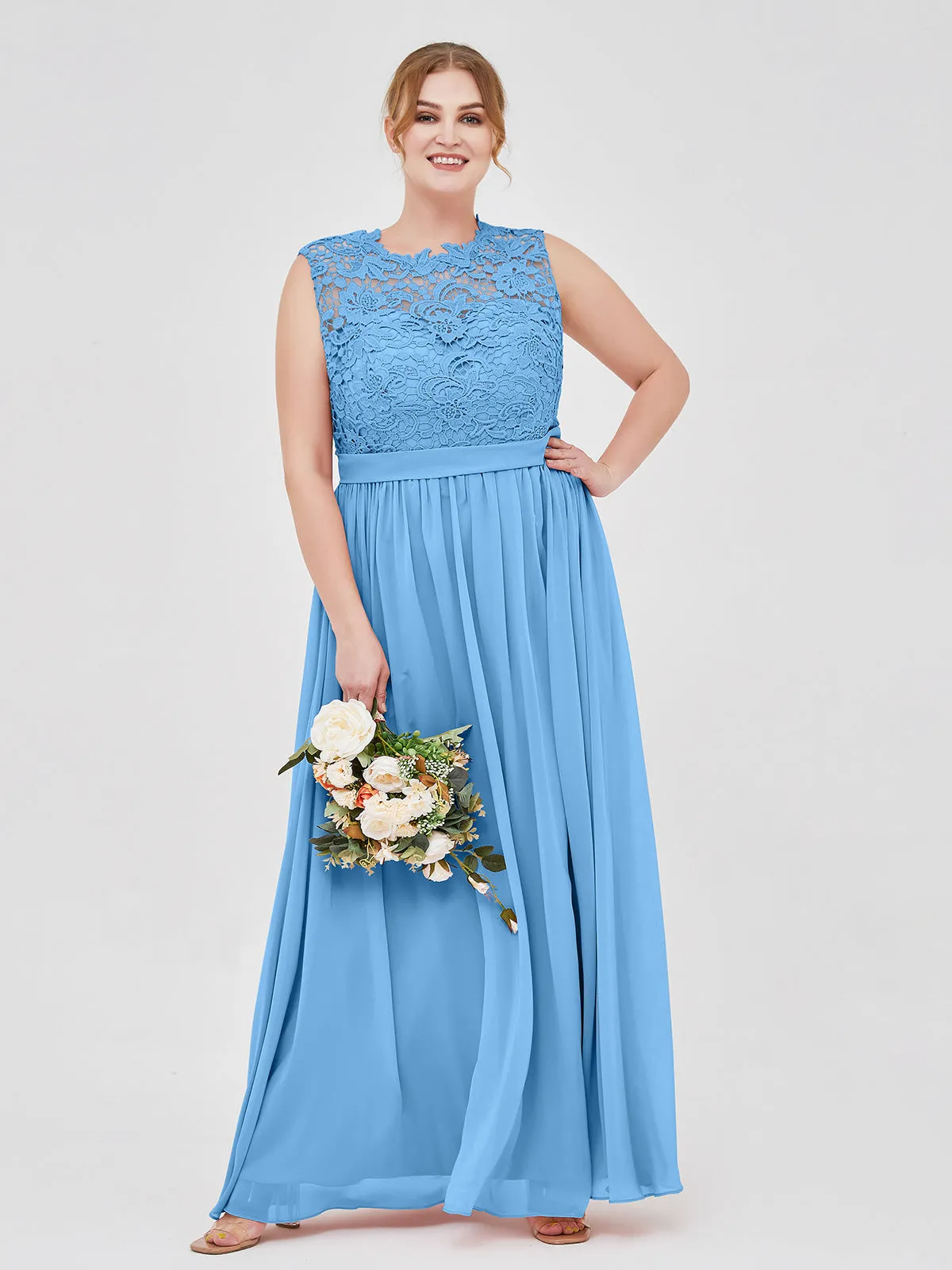 Illusion Neck Chiffon and Lace Dresses Blue