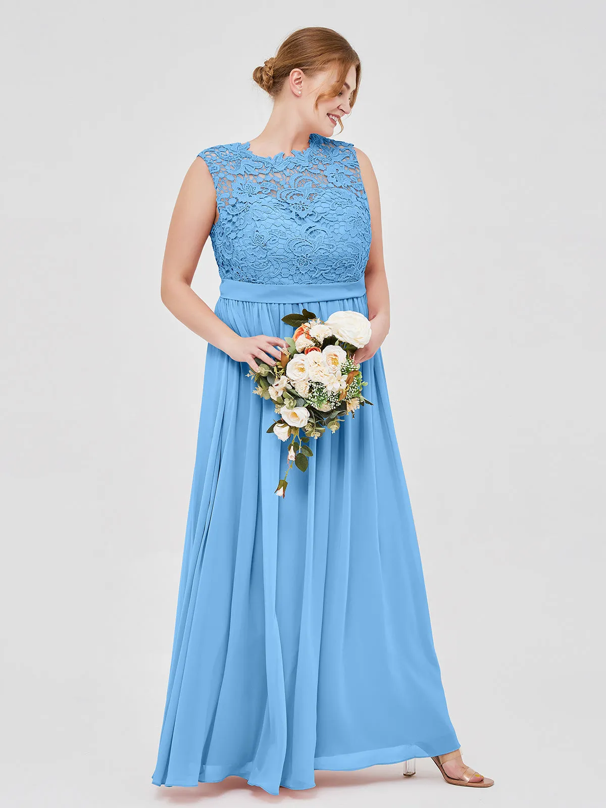 Illusion Neck Chiffon and Lace Dresses Blue