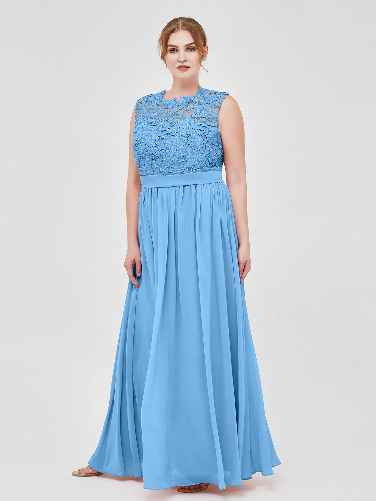 Illusion Neck Chiffon and Lace Dresses Blue