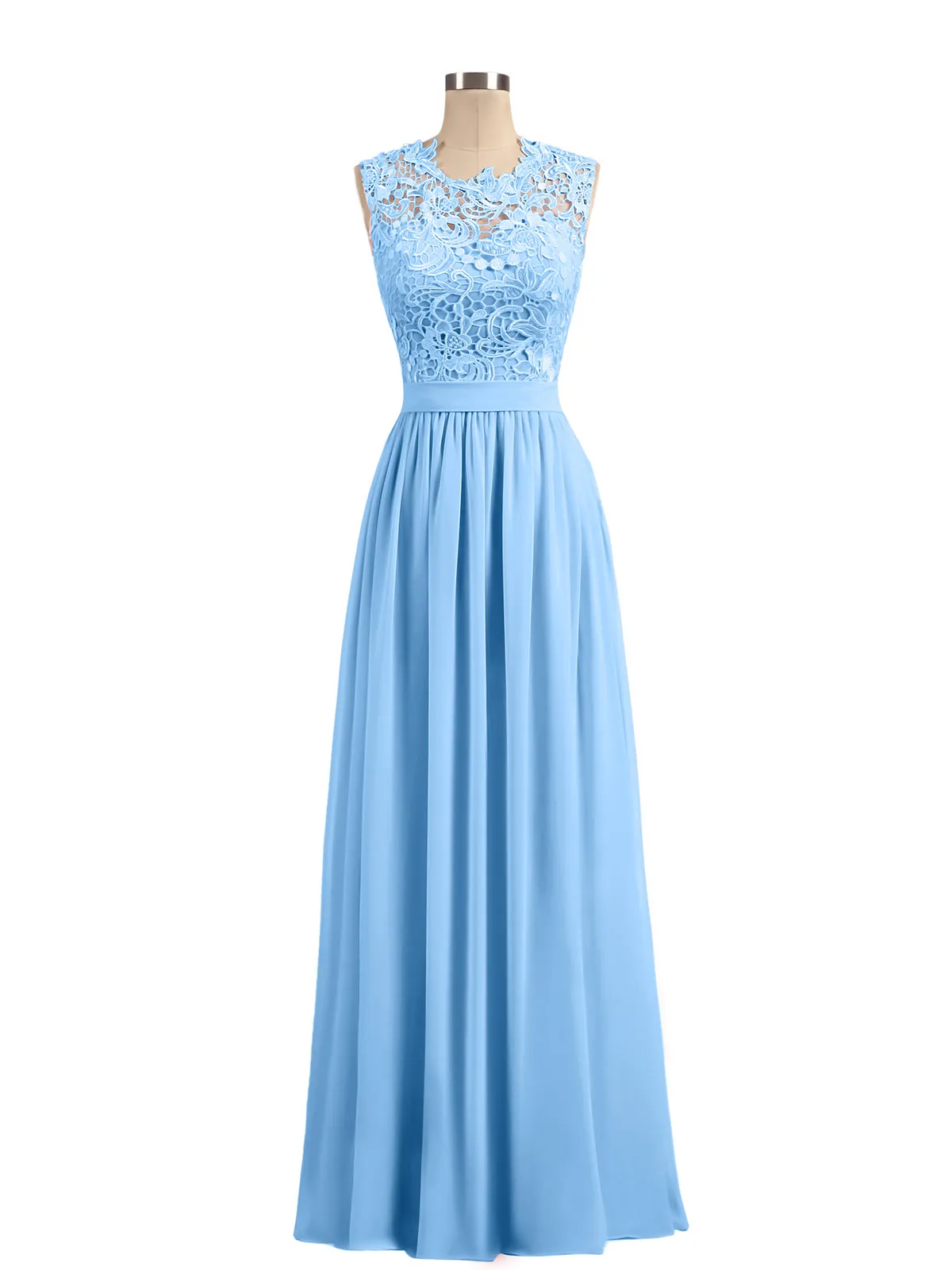 Illusion Neck Chiffon and Lace Dresses Blue