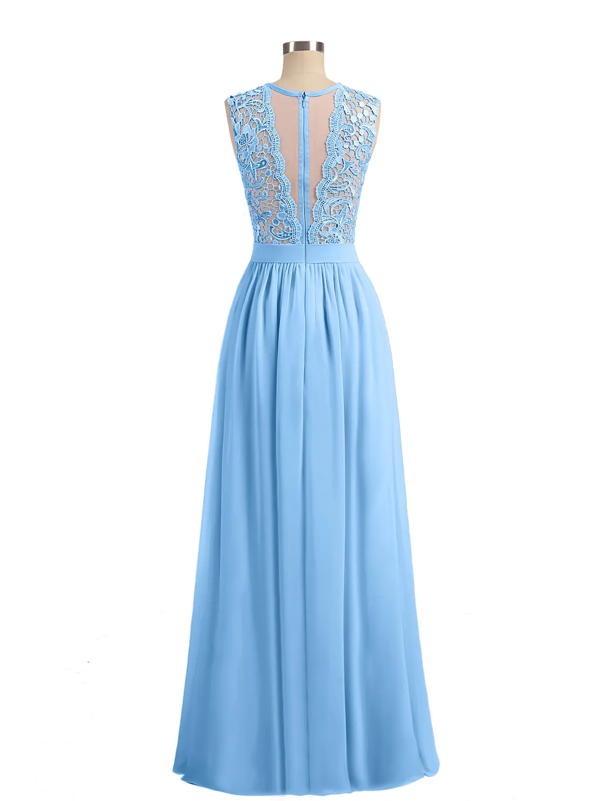 Illusion Neck Chiffon and Lace Dresses Blue