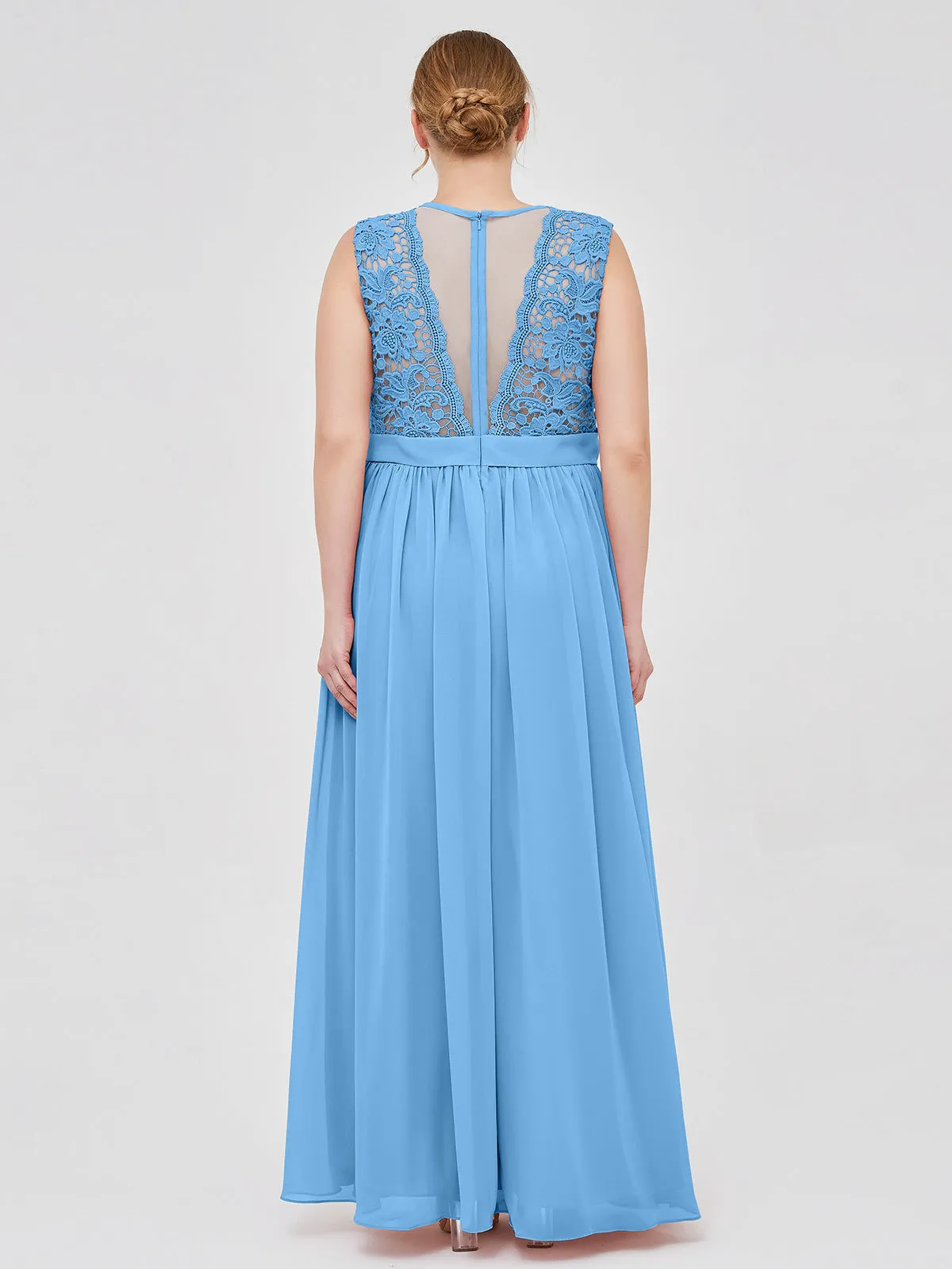 Illusion Neck Chiffon and Lace Dresses Blue