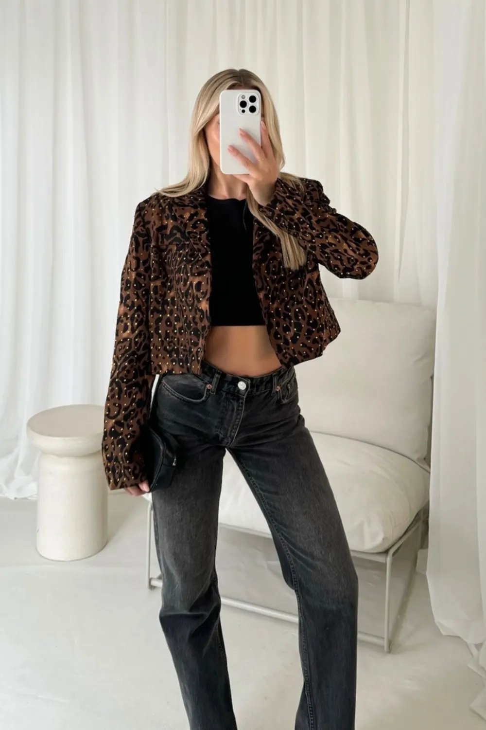 Kahlani leopard diamante cropped blazer