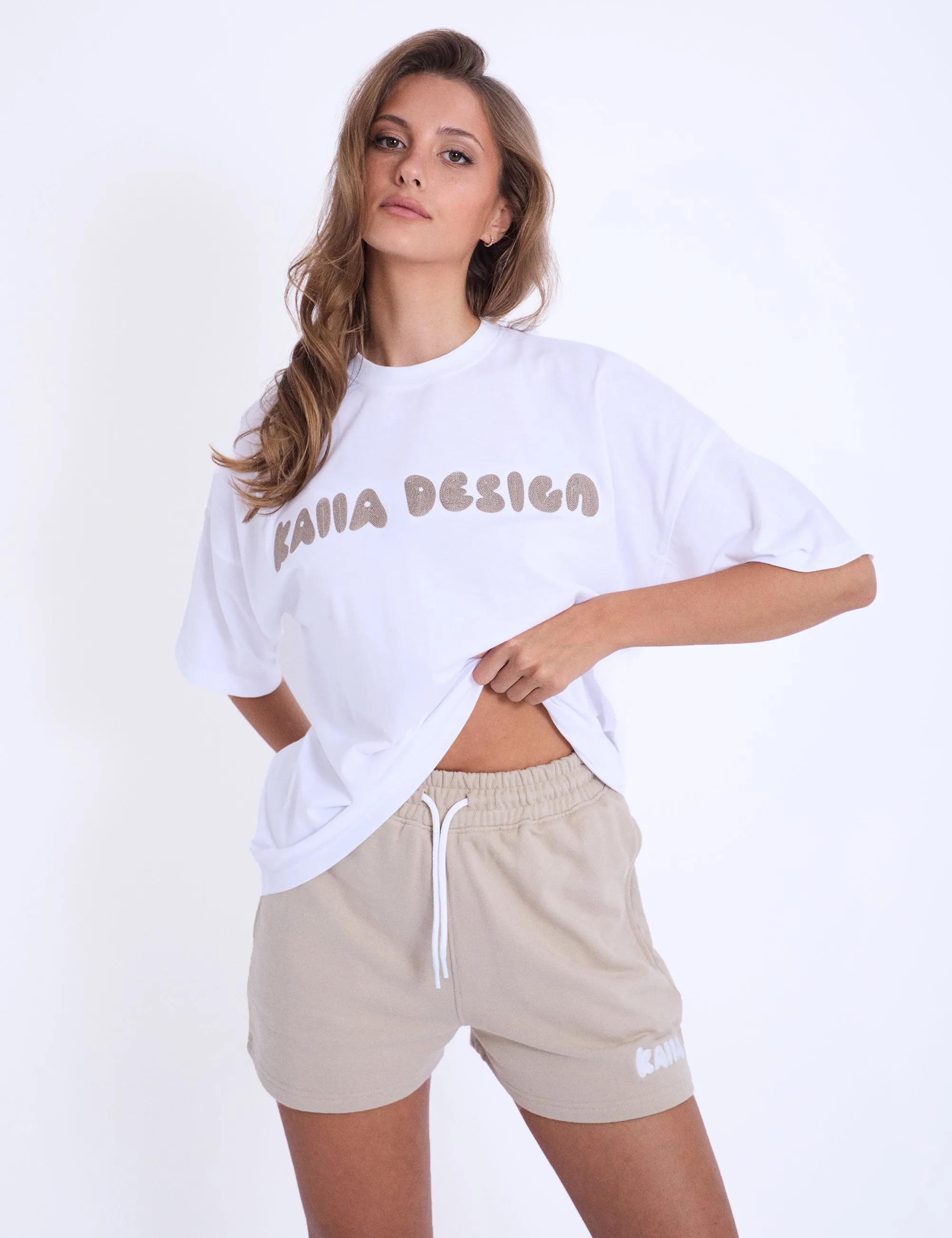 Kaiia Design Embroidered Bubble Oversized T-Shirt White & Light Stone