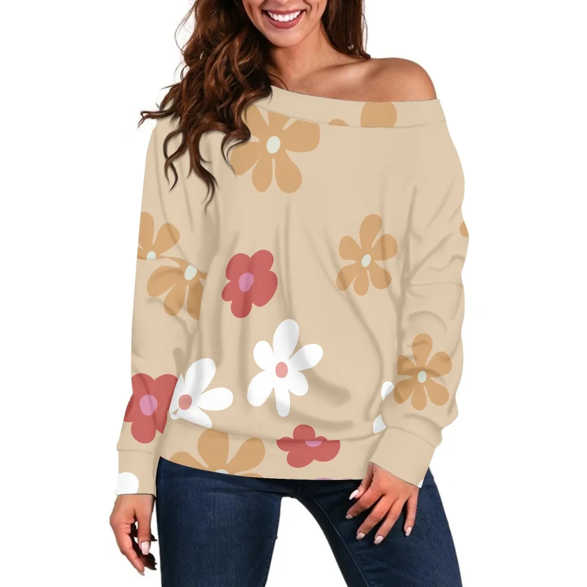 Khaki Bottom Colorful Flower Long Sleeve Raglan Top