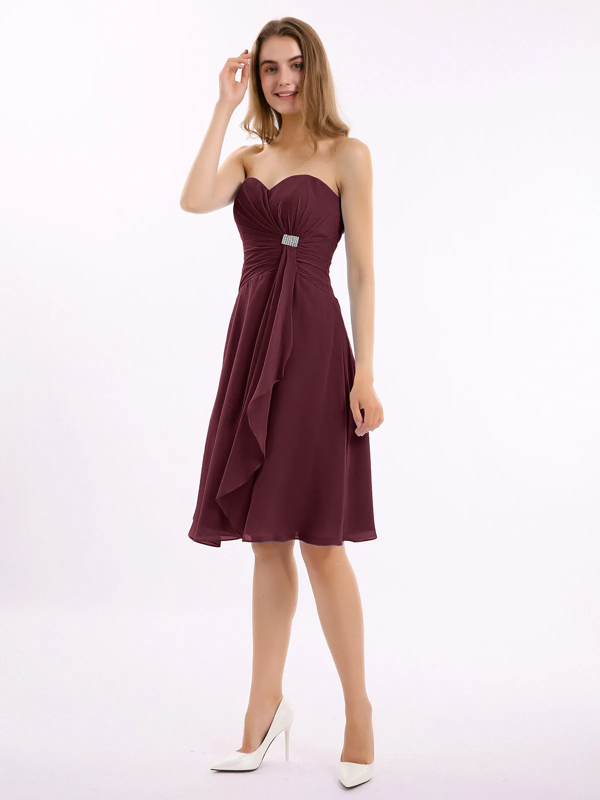 Knee Length Chiffon Dress with Sweetheart Neck-Cabernet Plus Size