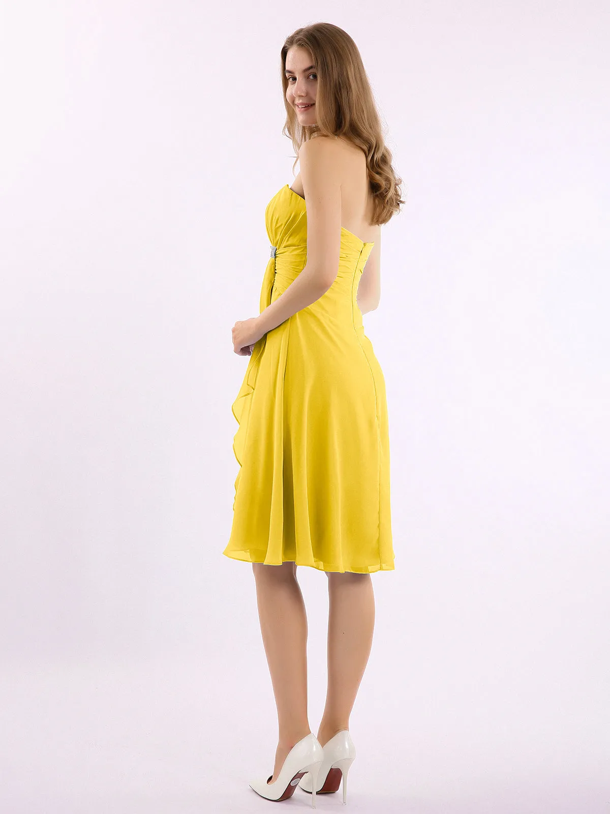 Knee Length Chiffon Dress with Sweetheart Neck-Marigold