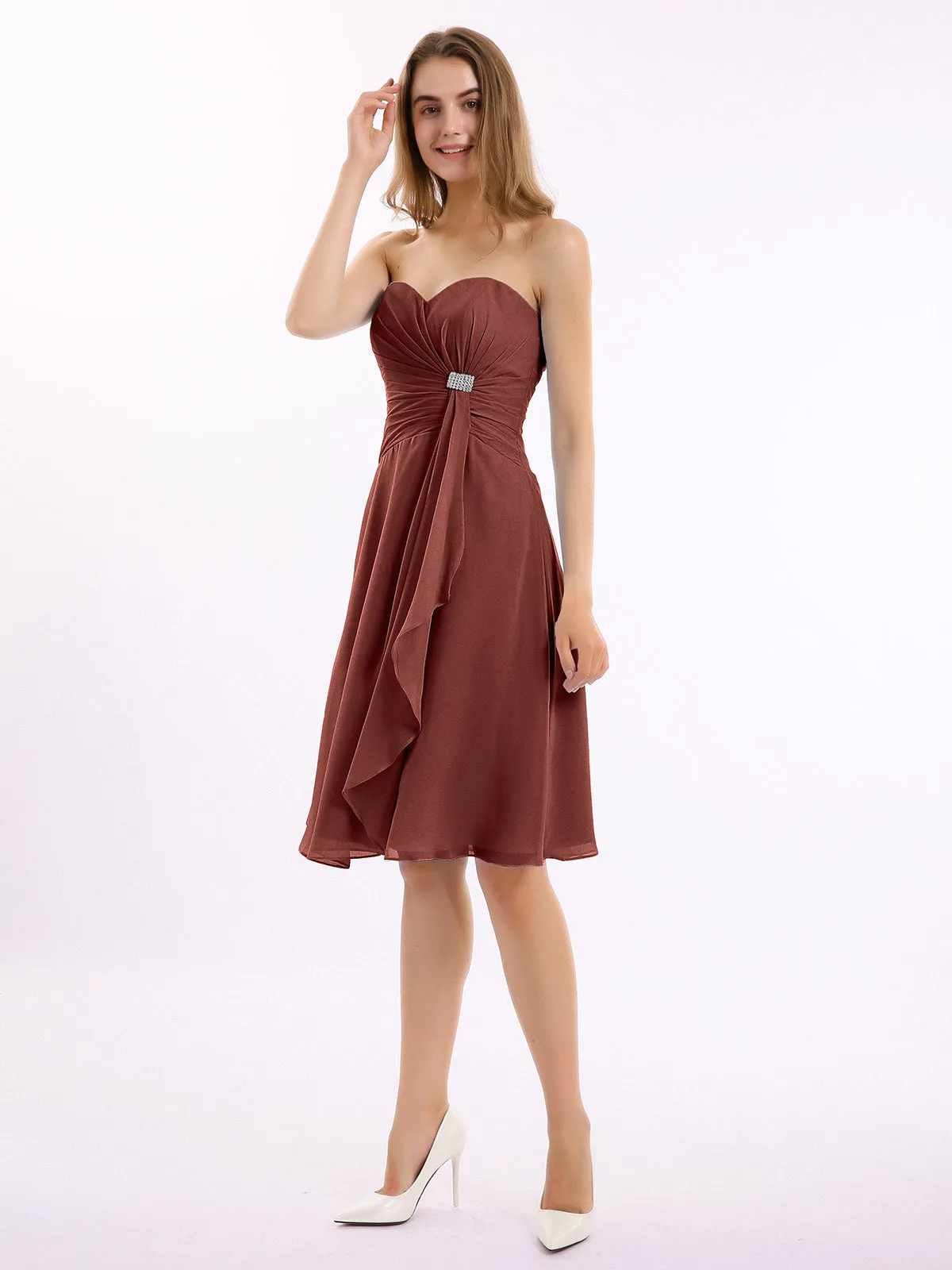 Knee Length Chiffon Dress with Sweetheart Neck-Terracotta