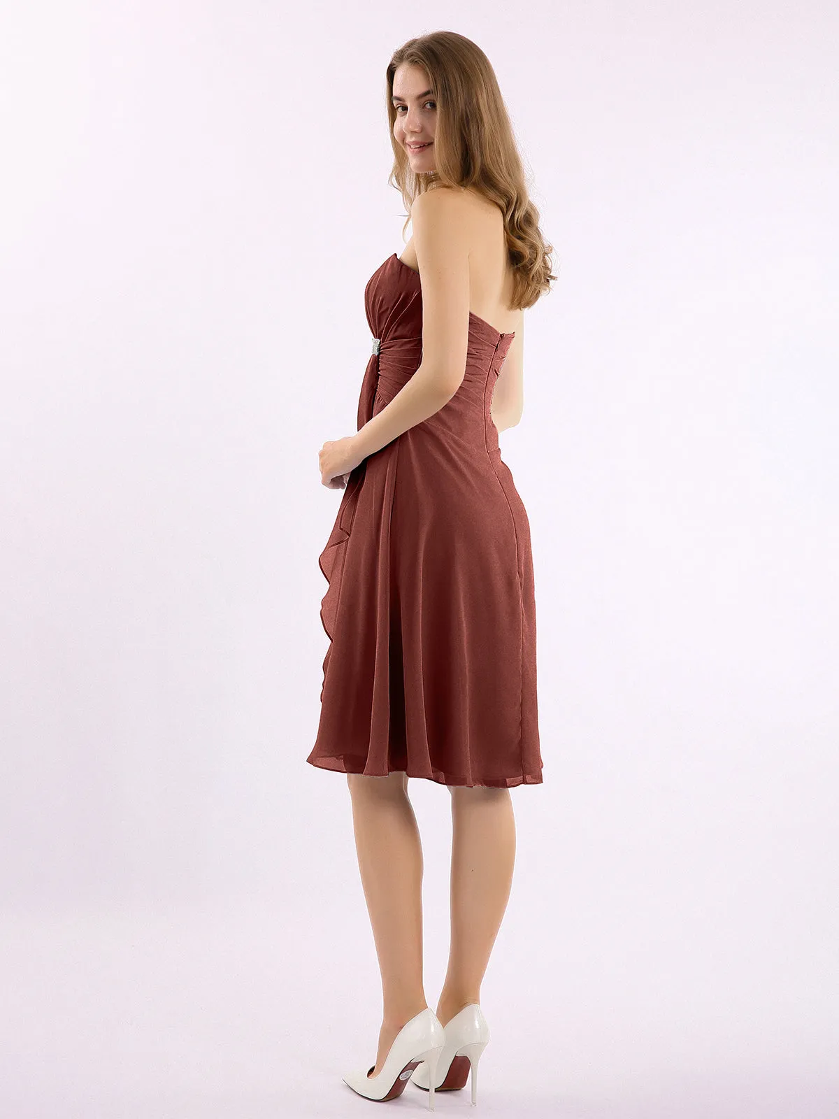 Knee Length Chiffon Dress with Sweetheart Neck-Terracotta