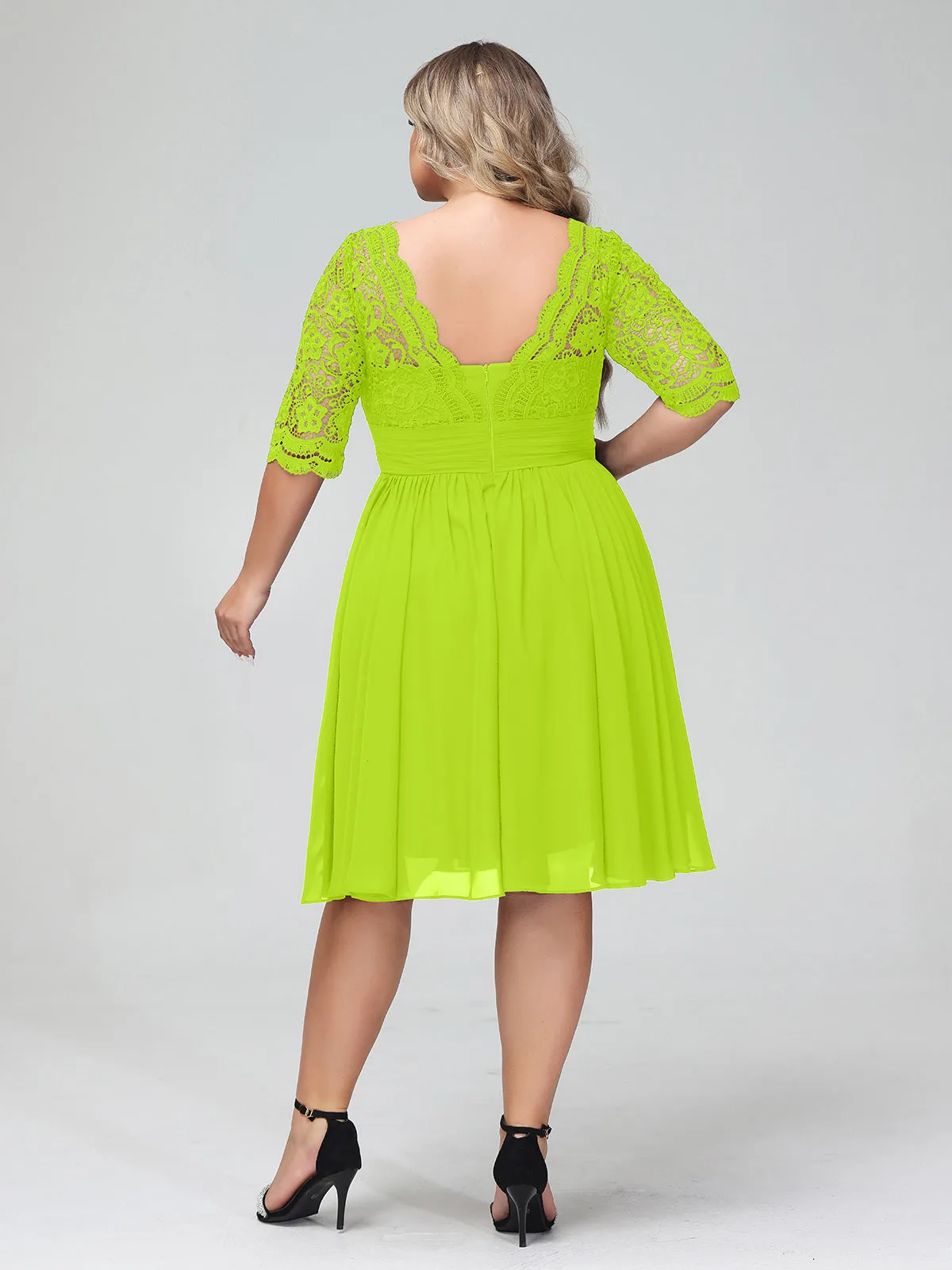 Lace and Chiffon Short Dress with Half Sleeves Lime Green