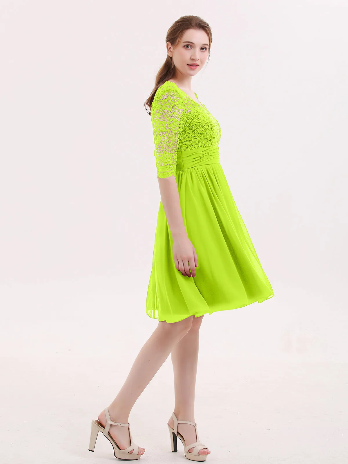 Lace and Chiffon Short Dress with Half Sleeves Lime Green