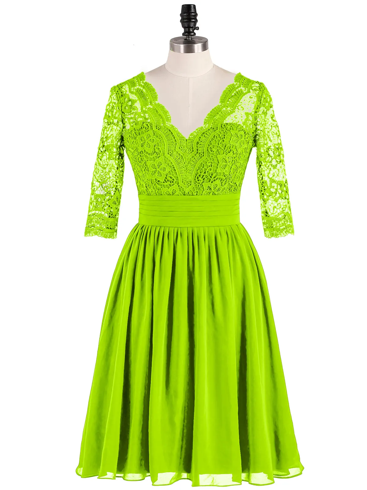 Lace and Chiffon Short Dress with Half Sleeves Lime Green