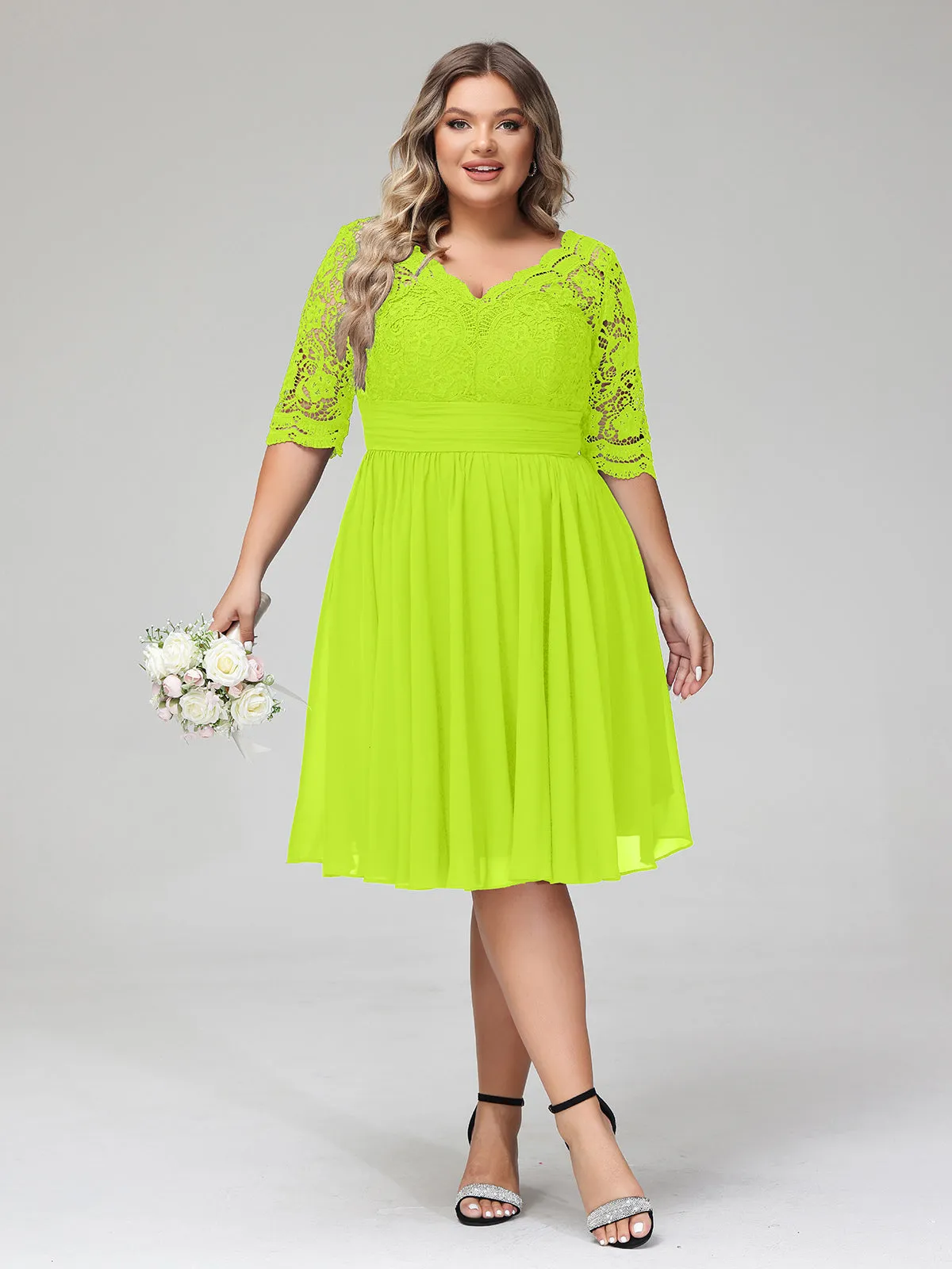 Lace and Chiffon Short Dress with Half Sleeves Lime Green