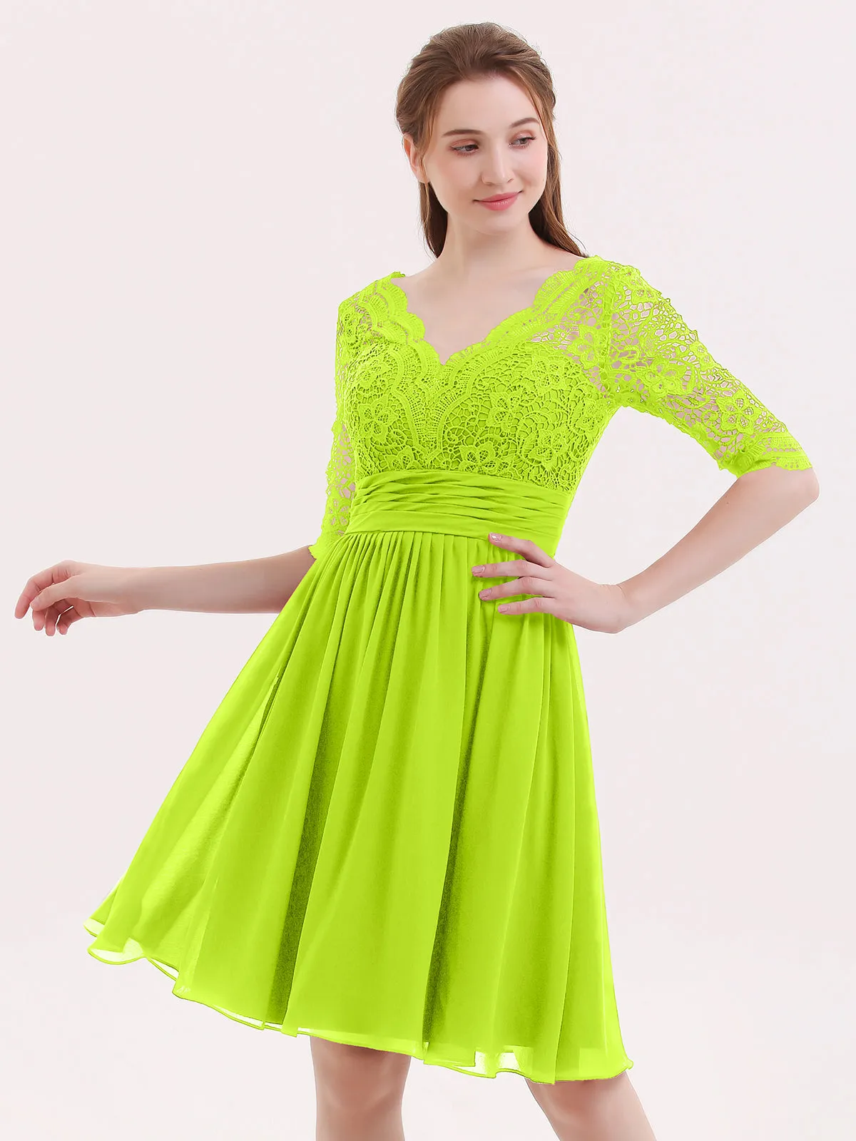 Lace and Chiffon Short Dress with Half Sleeves Lime Green