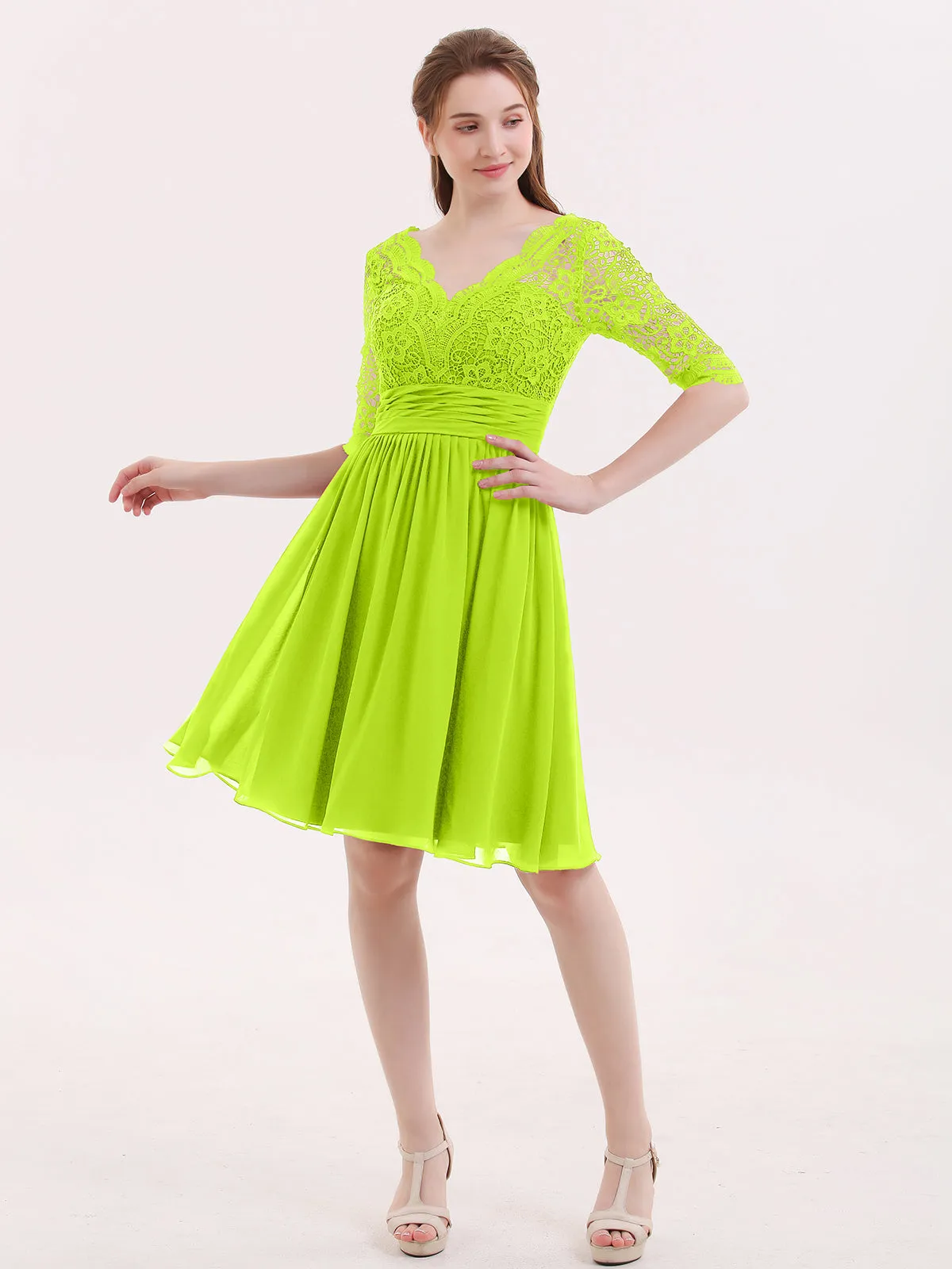 Lace and Chiffon Short Dress with Half Sleeves Lime Green