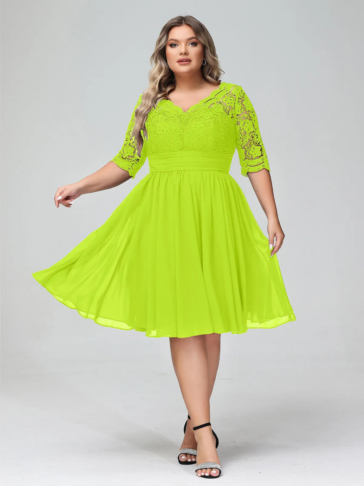 Lace and Chiffon Short Dress with Half Sleeves Lime Green