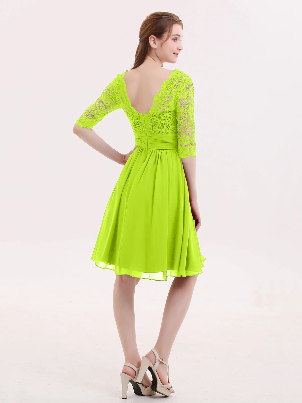 Lace and Chiffon Short Dress with Half Sleeves Lime Green