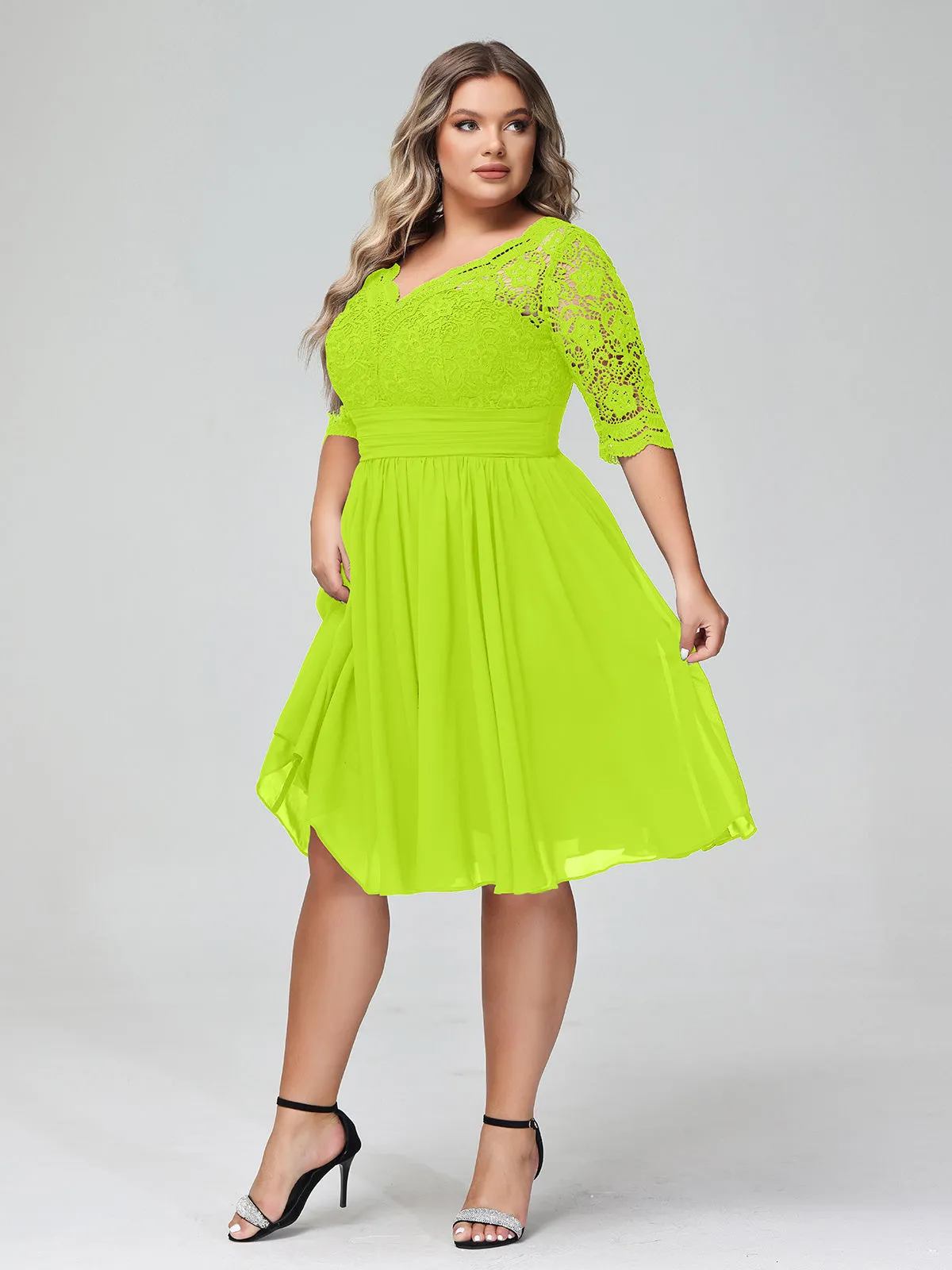 Lace and Chiffon Short Dress with Half Sleeves Lime Green