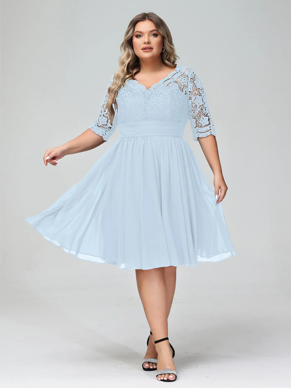 Lace and Chiffon Short Dress with Half Sleeves Sky Blue